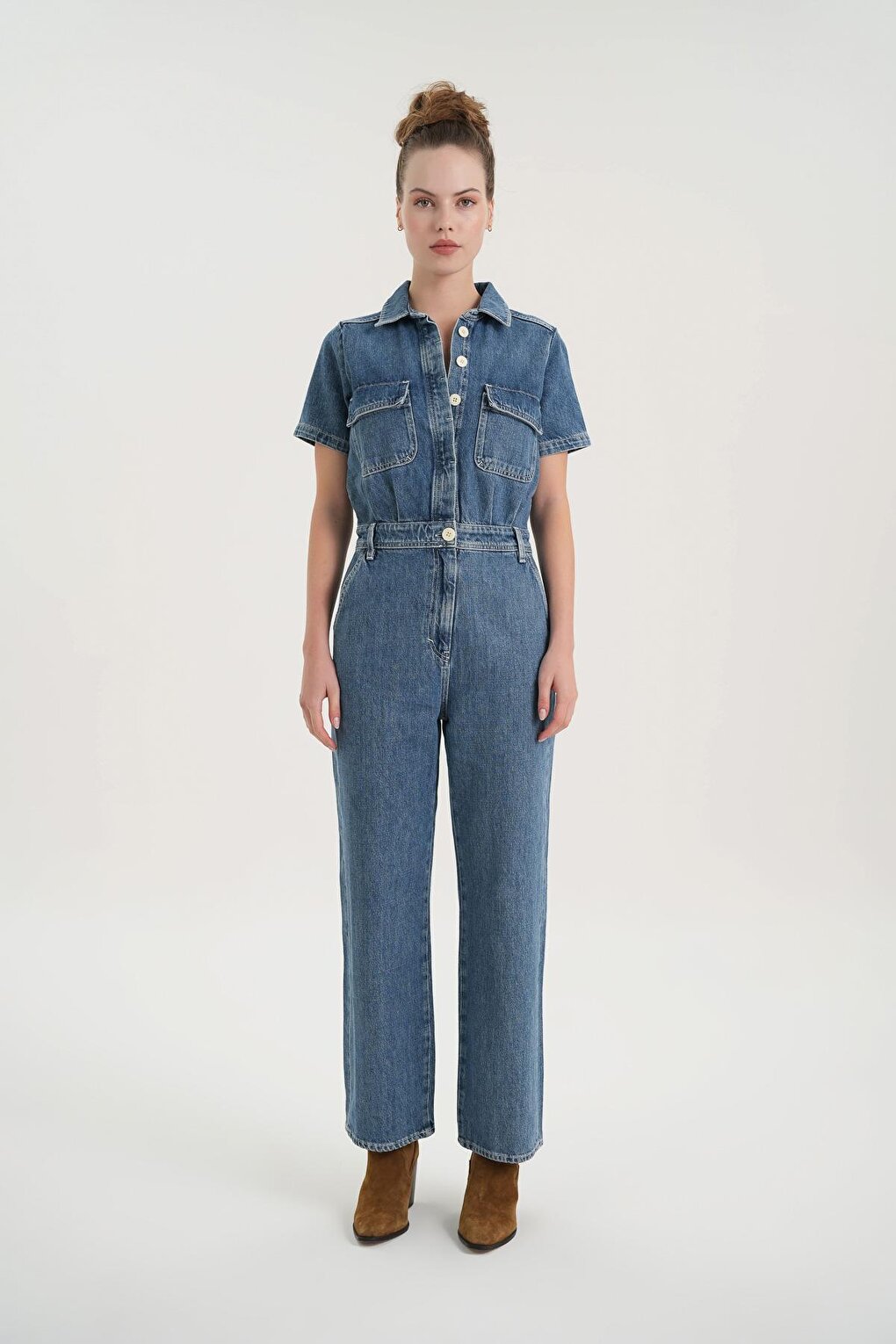 Light Blue Buttoned Short Sleeve Jean Jumpsuit C 4535-039