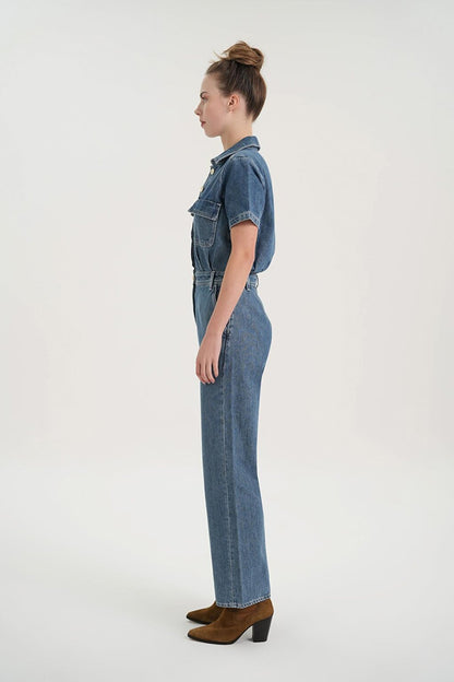 Light Blue Buttoned Short Sleeve Jean Jumpsuit C 4535-039