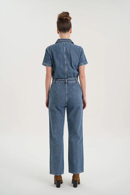 Light Blue Buttoned Short Sleeve Jean Jumpsuit C 4535-039