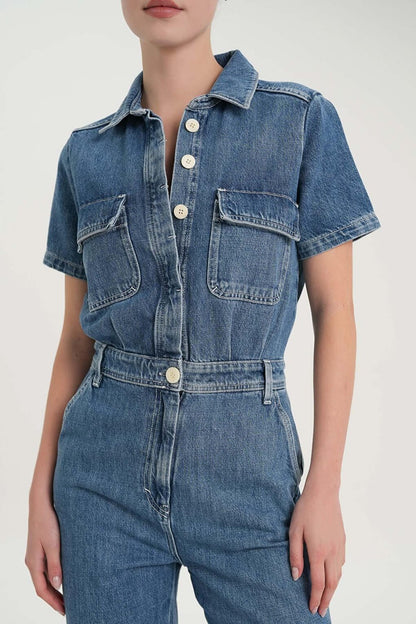 Light Blue Buttoned Short Sleeve Jean Jumpsuit C 4535-039