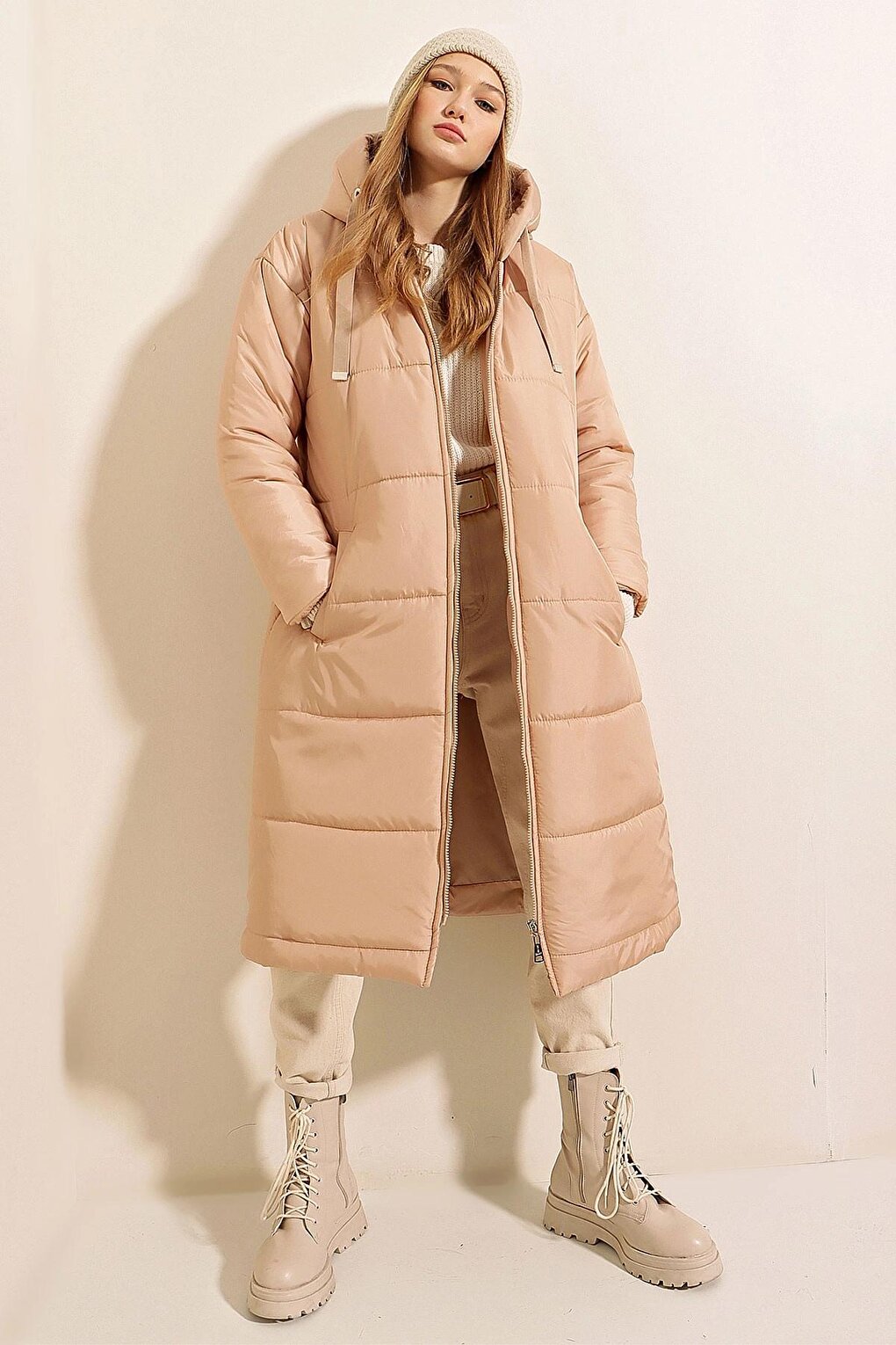 Beige Hooded Long Puffer Coat