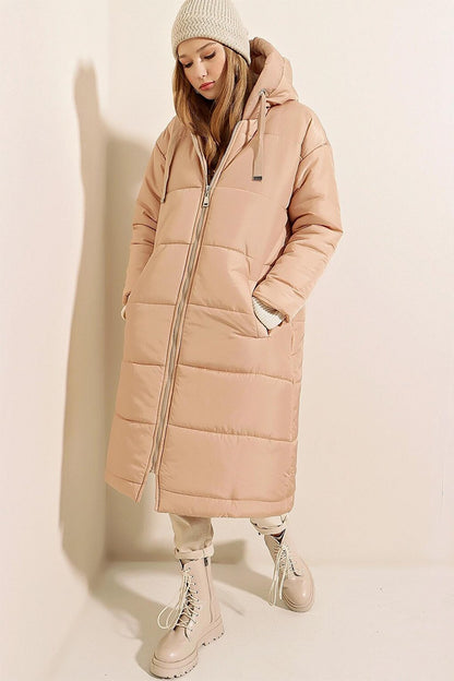 Beige Hooded Long Puffer Coat