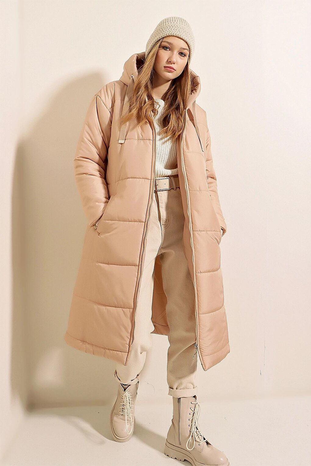 Beige Hooded Long Puffer Coat