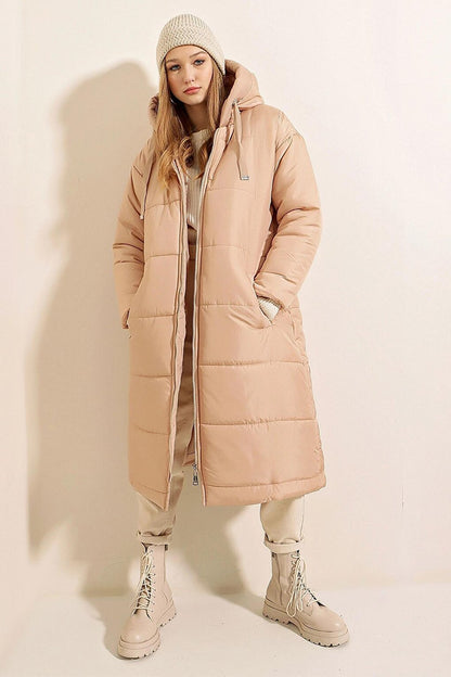 Beige Hooded Long Puffer Coat