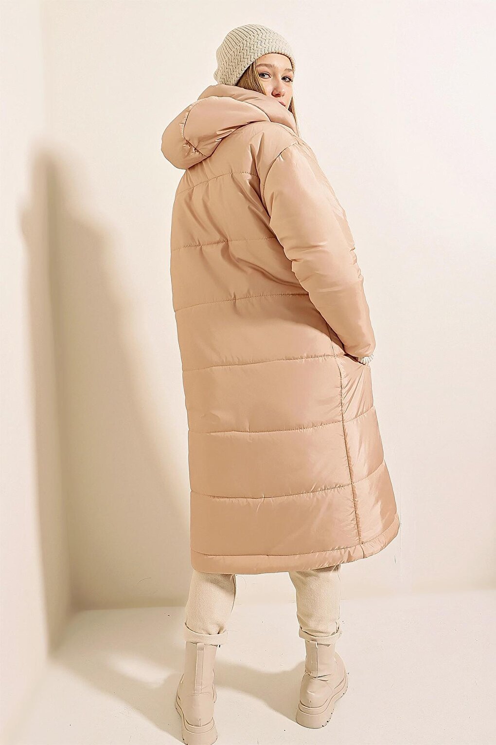 Beige Hooded Long Puffer Coat