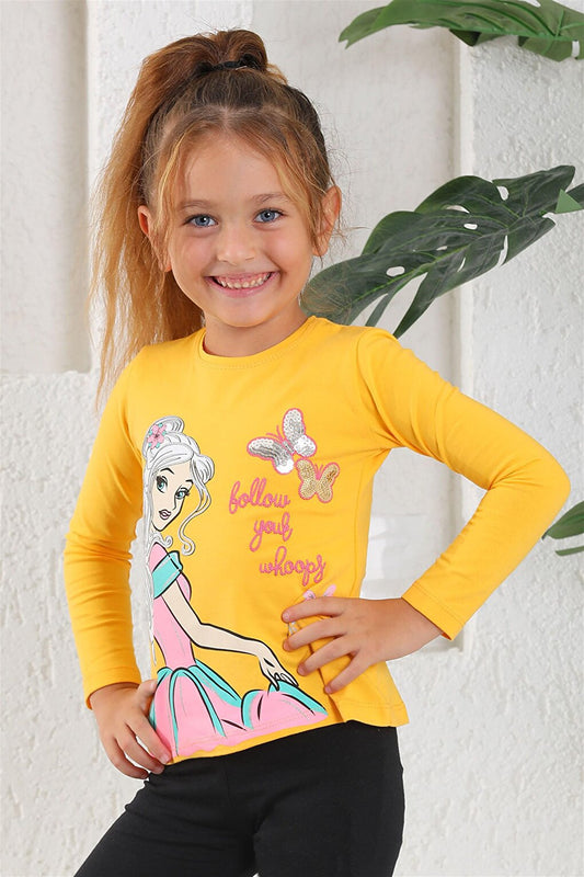 Girl's Mustard Colored Crew Neck Princess Printed Long Sleeve T-Shirt