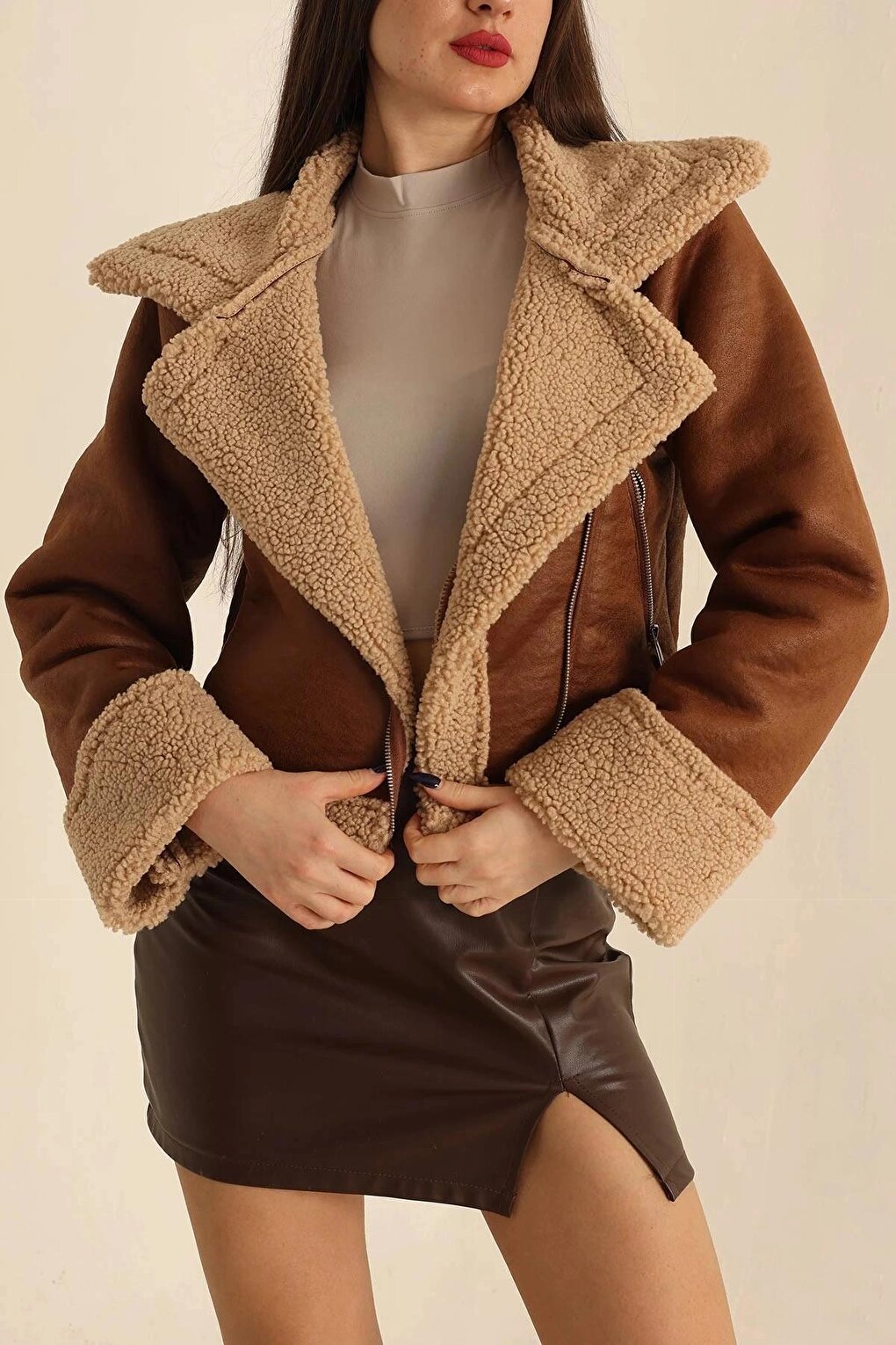 Brown Double Breasted Collar Zippered Plush Short Suede Coat