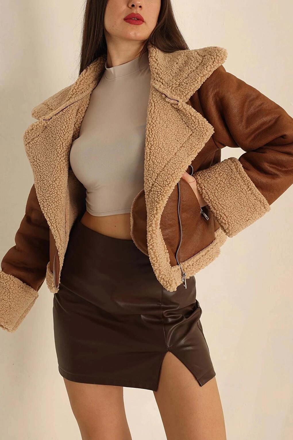 Brown Double Breasted Collar Zippered Plush Short Suede Coat