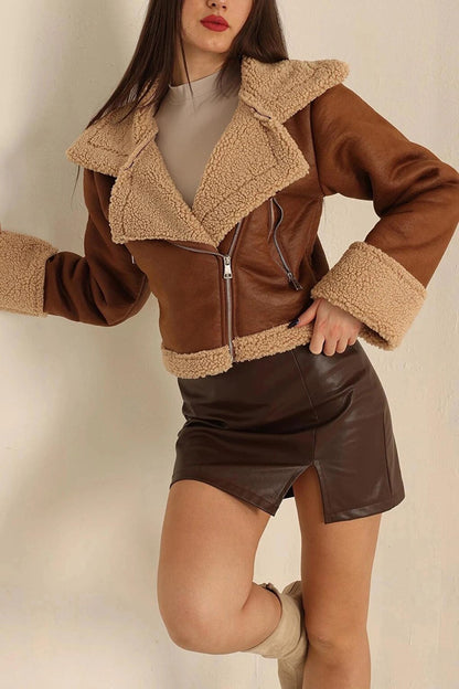 Brown Double Breasted Collar Zippered Plush Short Suede Coat