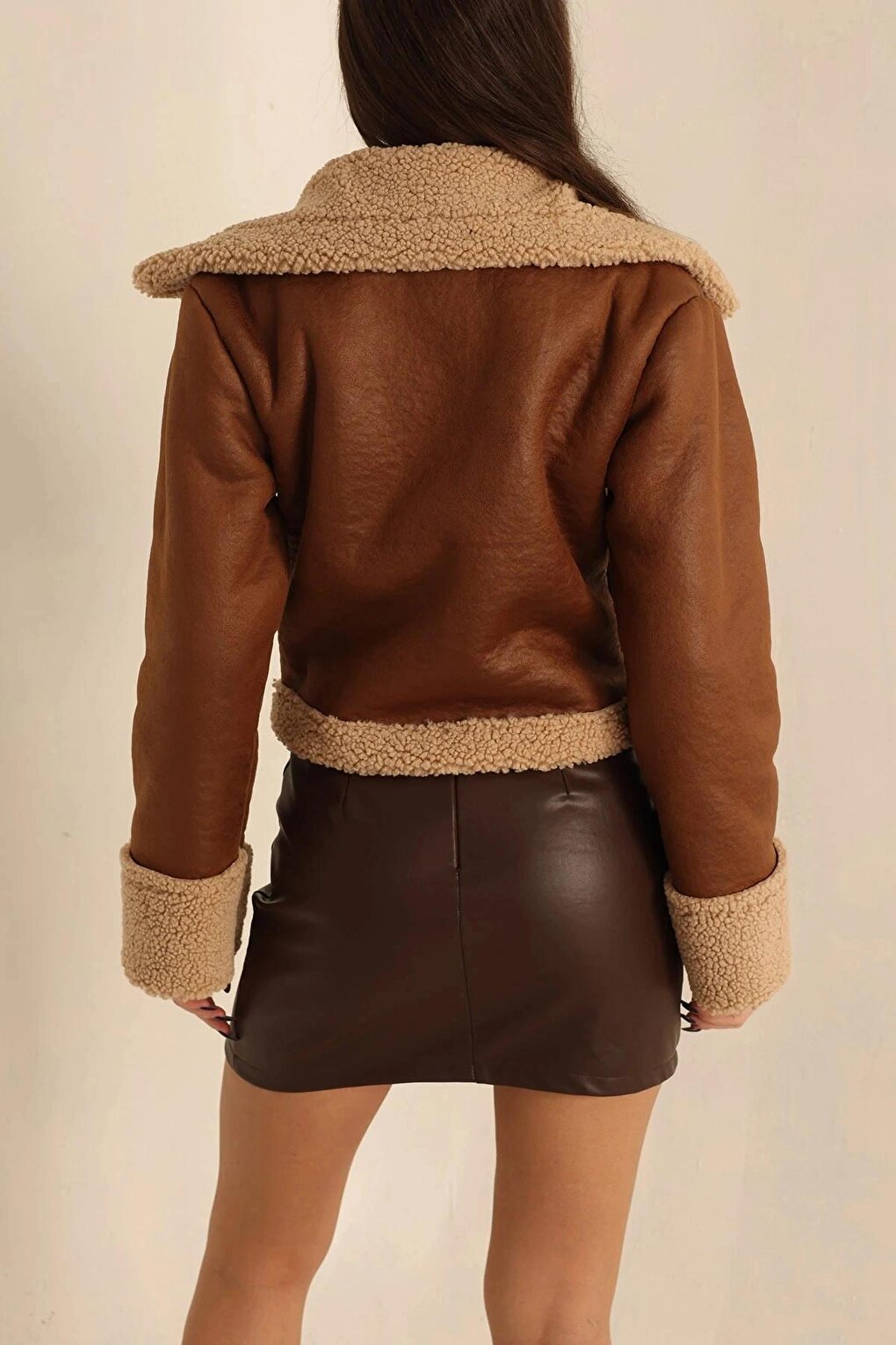 Brown Double Breasted Collar Zippered Plush Short Suede Coat