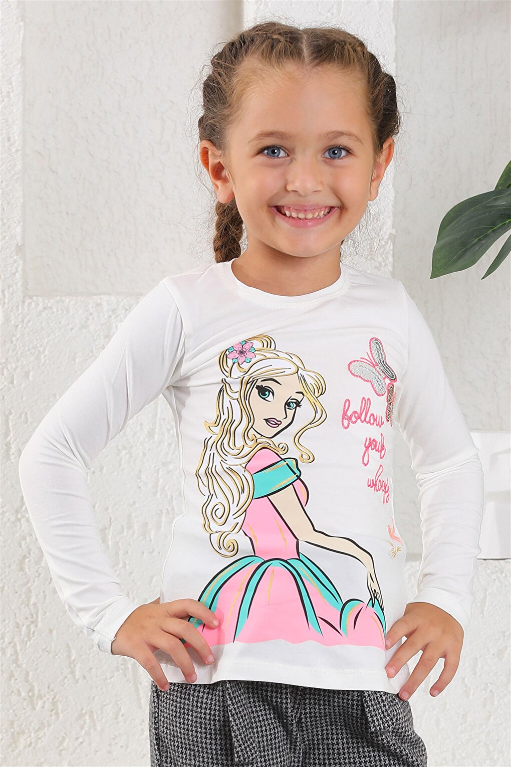 Girl's Ecru Colored Crew Neck Princess Printed Long Sleeve T-Shirt