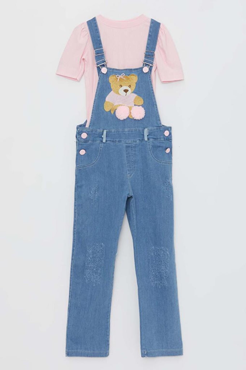 Girl's Teddy Bear Printed Pompom Detailed Light Blue Jumpsuit with Overalls