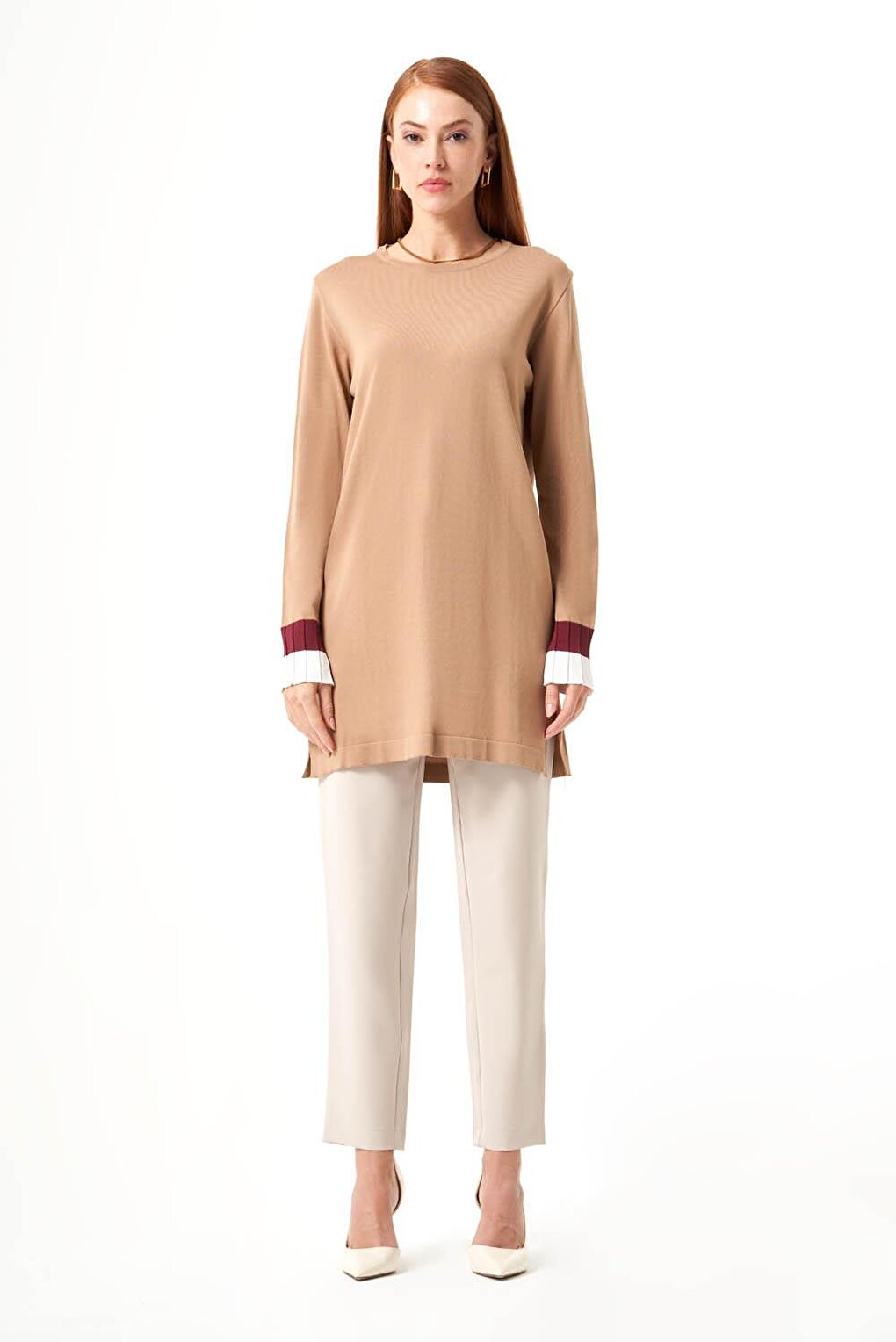 Sleeve Pleated Rayon Knitwear Camel-White Tunic