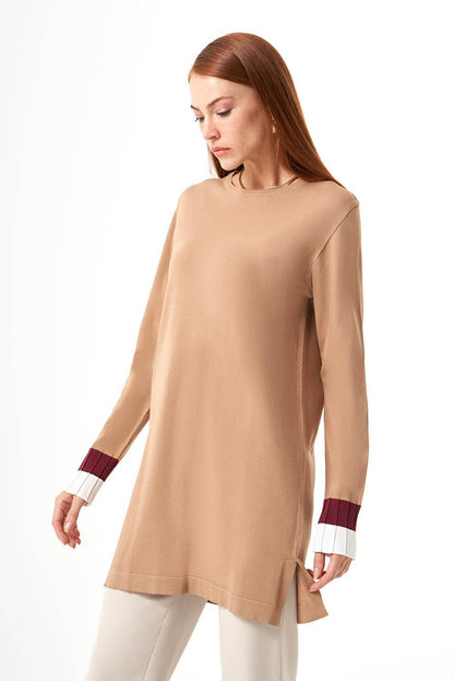 Sleeve Pleated Rayon Knitwear Camel-White Tunic