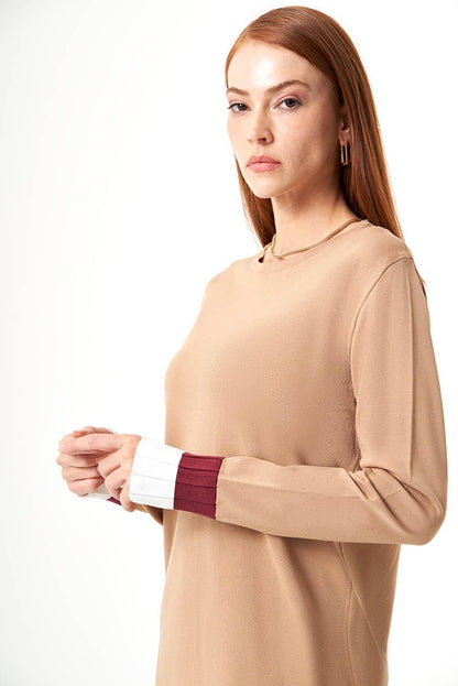 Sleeve Pleated Rayon Knitwear Camel-White Tunic