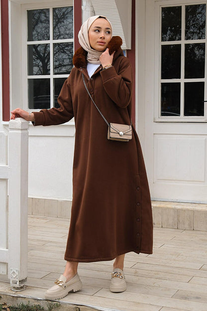 Snap-Up Hooded Coat Brown