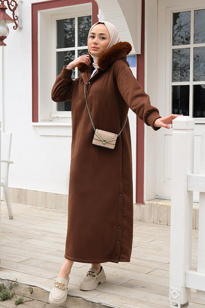 Snap-Up Hooded Coat Brown