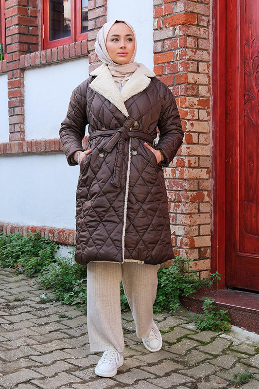 Quilted Diamond Pattern Puffer Jacket Brown