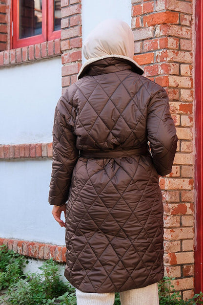 Quilted Diamond Pattern Puffer Jacket Brown