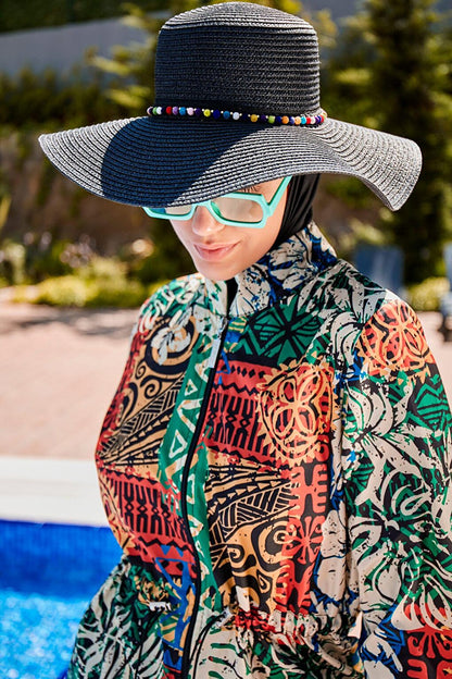 Wide Straw Black Hat with Pompom Stripe 1423216