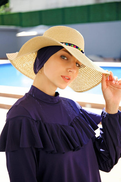 Wide Straw Beige Hat with Pompom Stripe 1423216