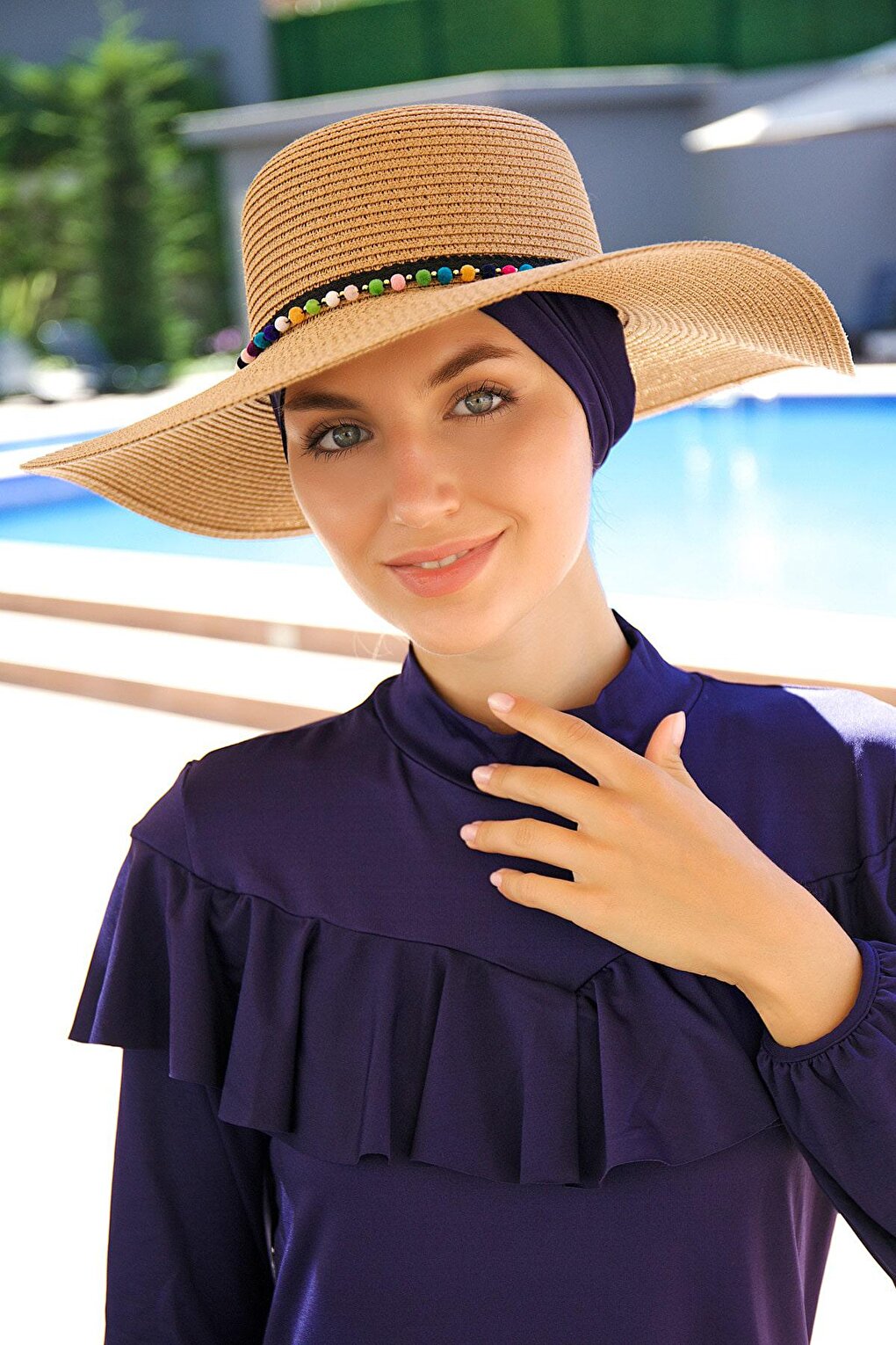 Wide Straw Camel Hat with Pompom Stripe 1423216