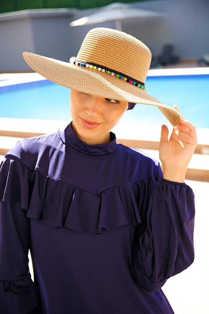 Wide Straw Camel Hat with Pompom Stripe 1423216