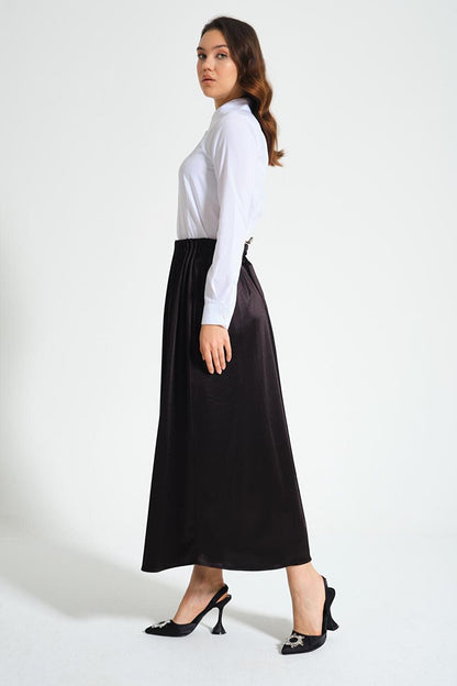 Pleated Waist Crepe Black Skirt