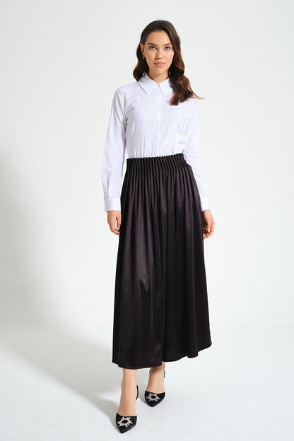 Pleated Waist Crepe Black Skirt