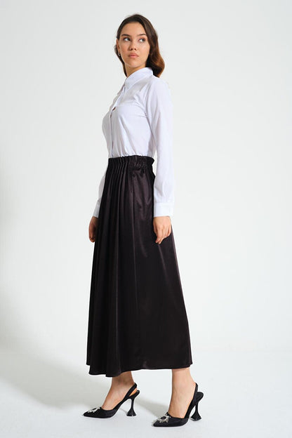 Pleated Waist Crepe Black Skirt