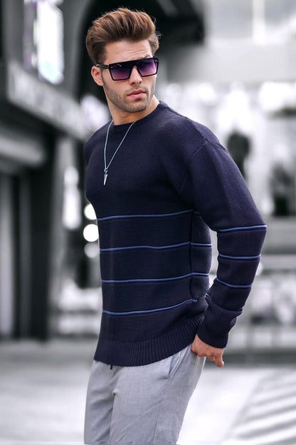 Navy Blue Crew Neck Knitted Sweater 6837