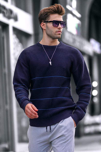 Navy Blue Crew Neck Knitted Sweater 6837