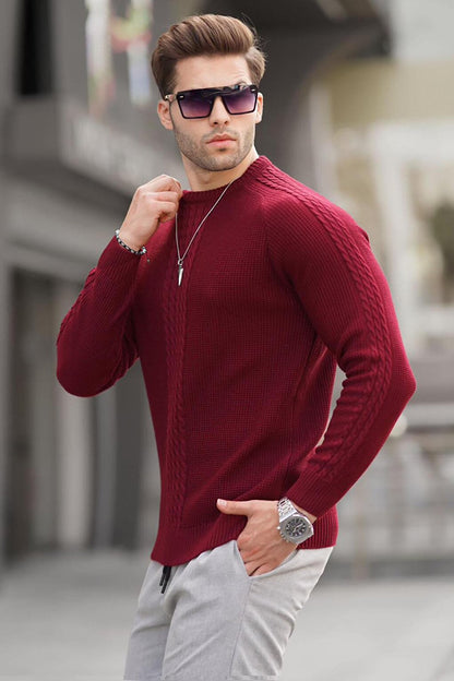 Claret Red Knitwear Patterned Men's Sweater 6836