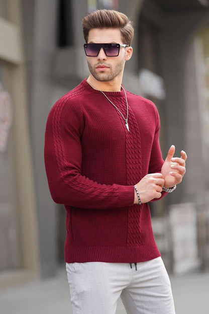 Claret Red Knitwear Patterned Men's Sweater 6836