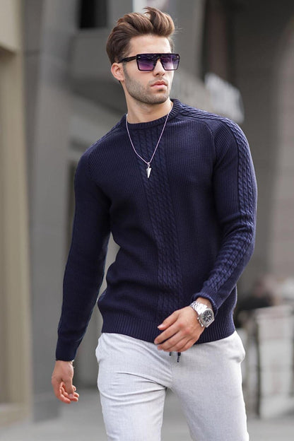 Navy Blue Knitwear Patterned Men's Sweater 6836