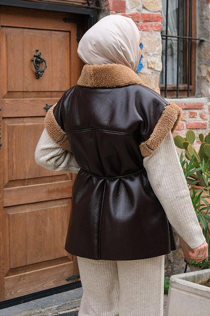 Leather Look Vest with Fur Inside Bitter Brown-Mink