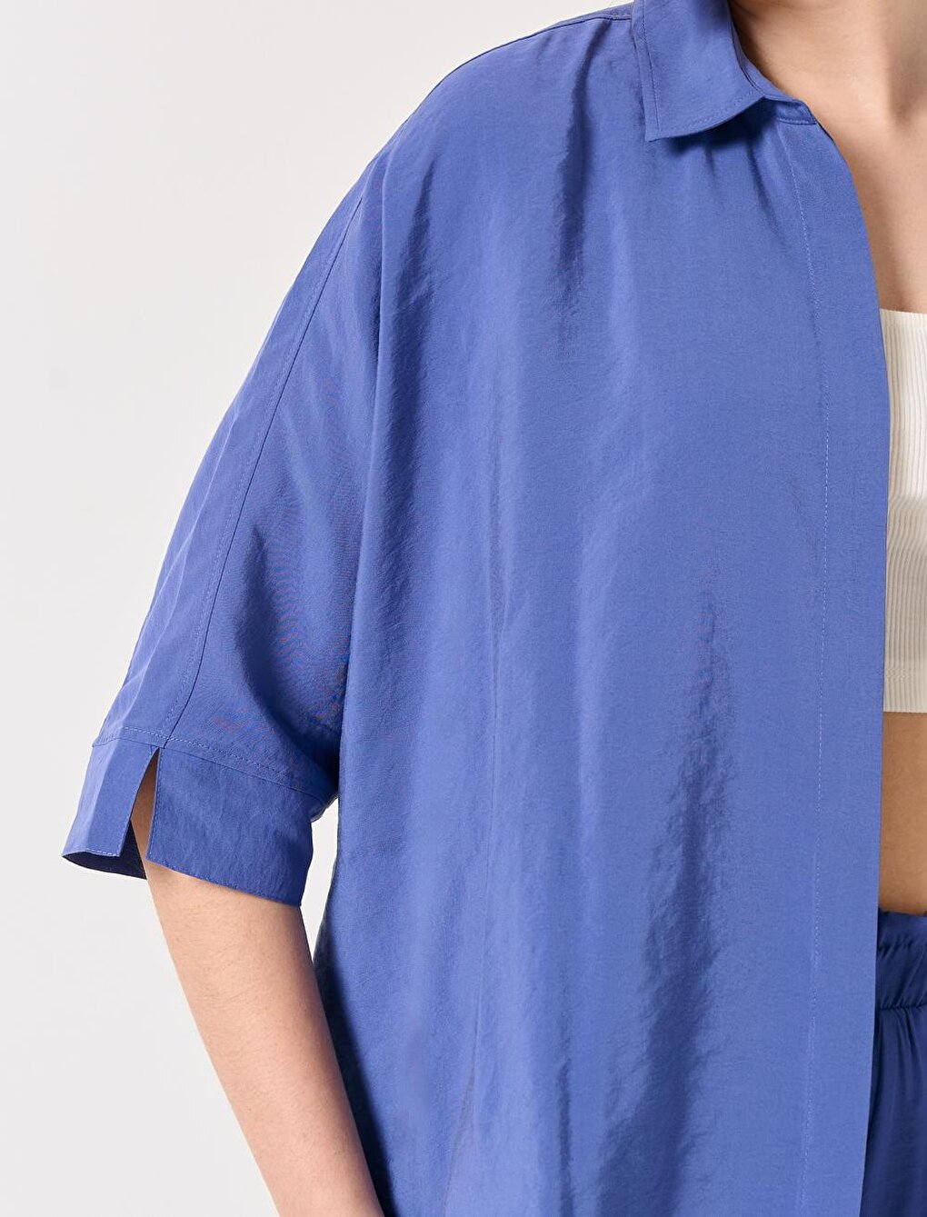 Purple Loose Cut Open Collar Three Quarter Sleeve Woven Voile Shirt