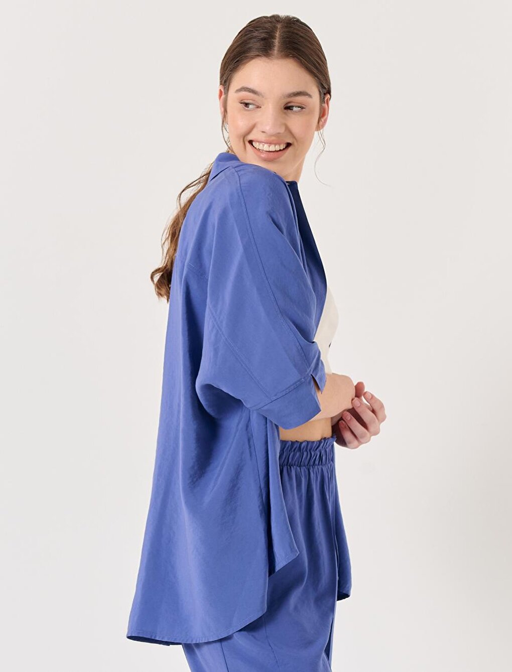 Purple Loose Cut Open Collar Three Quarter Sleeve Woven Voile Shirt