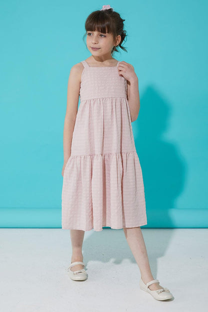 Powder Pink Patterned Girl's Strappy Dress 15300