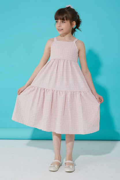 Powder Pink Patterned Girl's Strappy Dress 15300