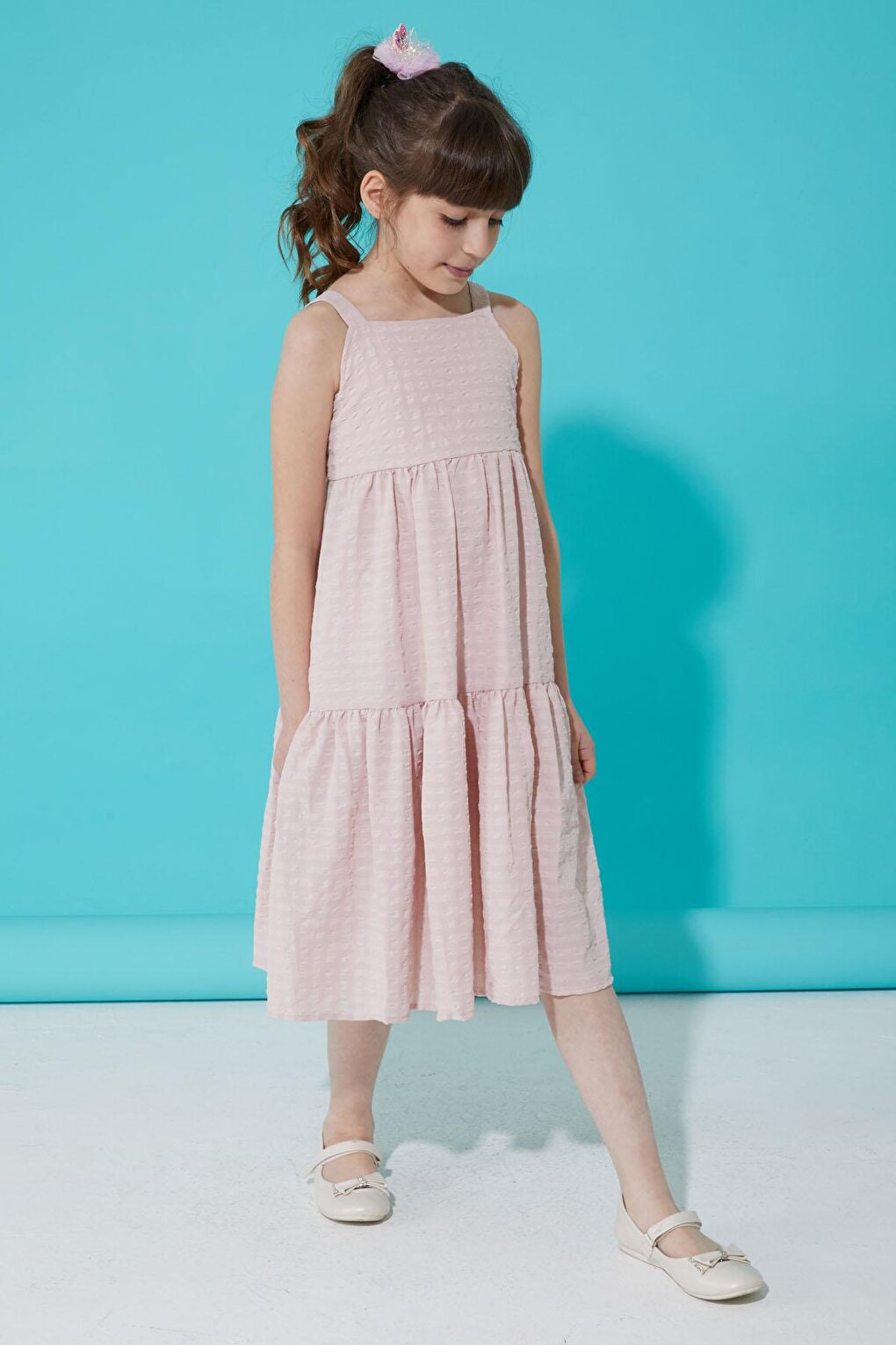 Powder Pink Patterned Girl's Strappy Dress 15300