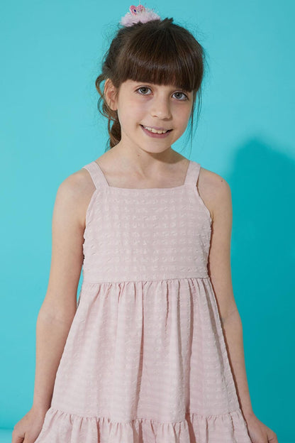 Powder Pink Patterned Girl's Strappy Dress 15300