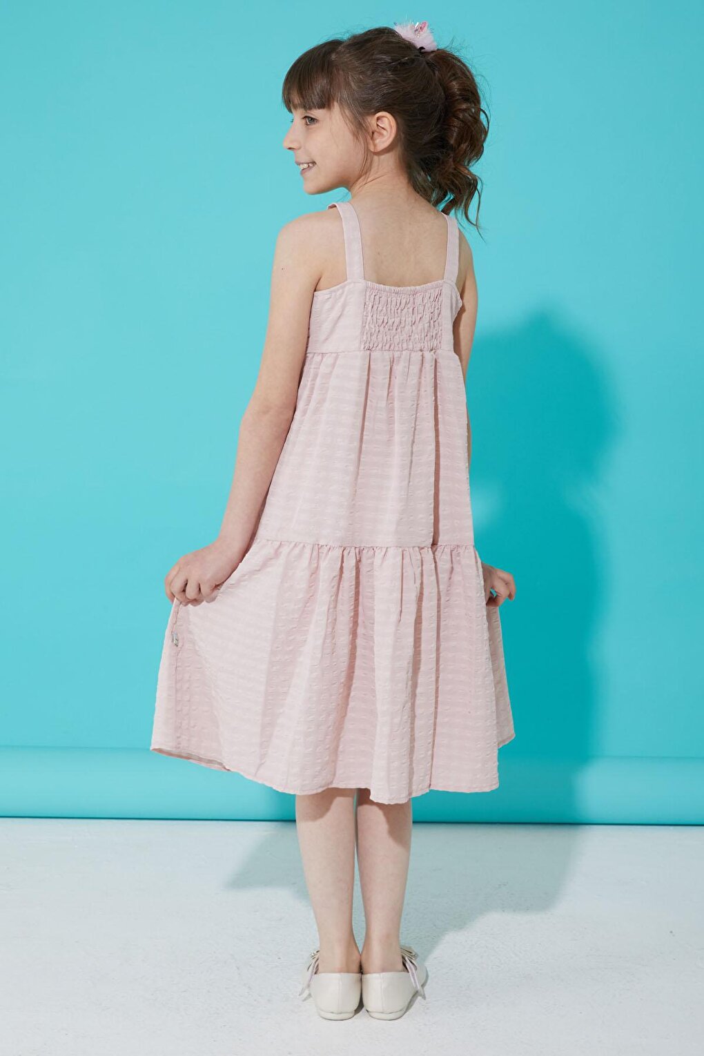 Powder Pink Patterned Girl's Strappy Dress 15300