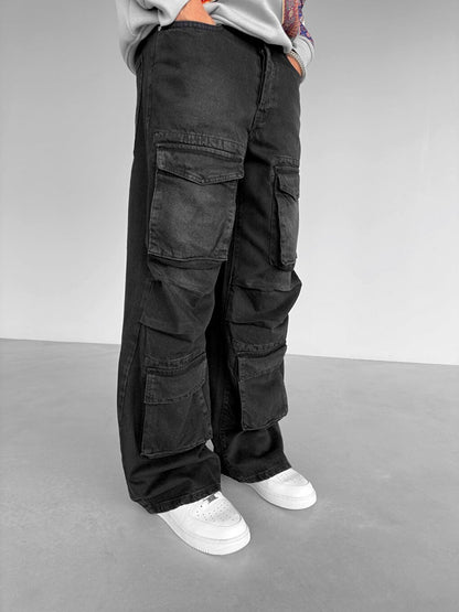 Baggy Fit Cargo Jean Trousers Black