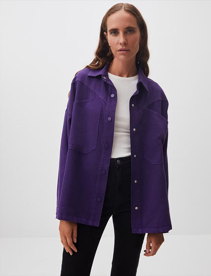 Dark Purple Loose Fit Long Denim Woven Jacket