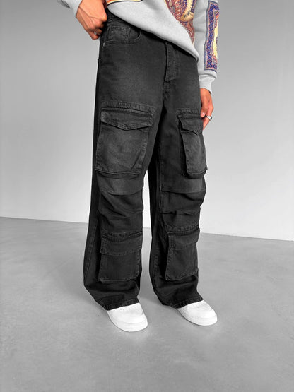 Baggy Fit Cargo Jean Trousers Black