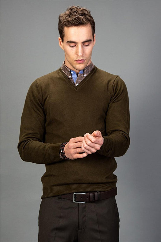 Slim Fit V-Neck Cotton Men's Khaki Sweater