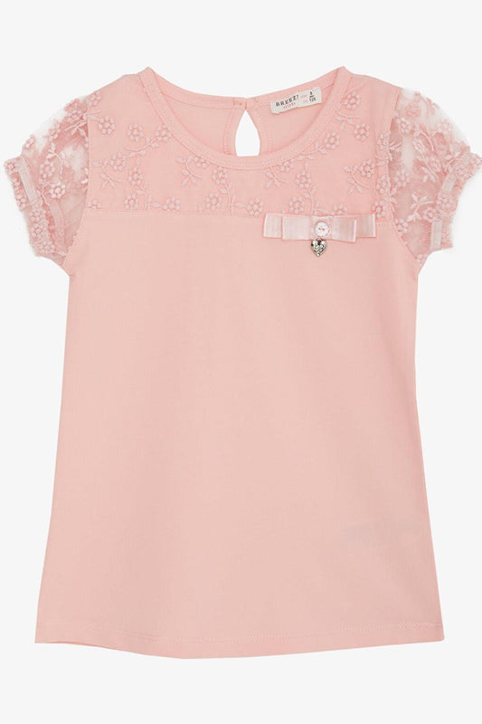 Girl's T-Shirt, Salmon with Embroidered Tulle and Elastic Sleeves (Age 5-10)