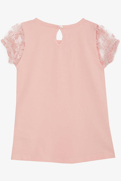 Girl's T-Shirt, Salmon with Embroidered Tulle and Elastic Sleeves (Age 5-10)