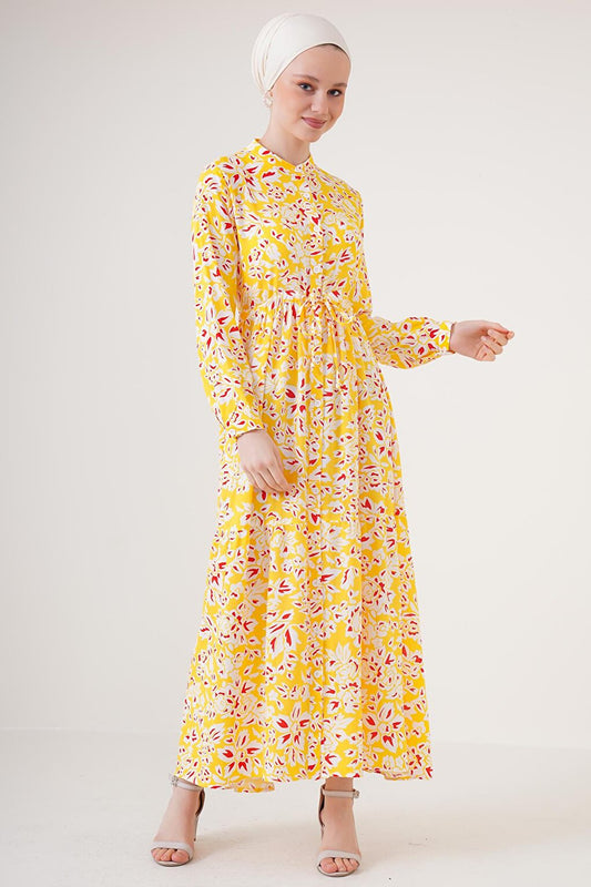 2144 Magnificent Collar Hijab Dress - Yellow